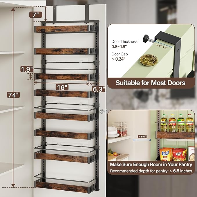 8 Tier Over The Door Pantry Organizer, 2 IN 1 Wall Mount or Metal Hanging Spice Rack for Pantry Organizers and Storage, Seasoning Shelves，Adjustable Basket with Hooks for Kitchen Cabinet and Closet