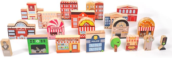 20 Pc Wooden City Play Set - Wooden Town Buildings and Street Signs for Play Mats, Toy Cars and Trains - Educational Preschool Track Accessories - Community Helpers Stacking Blocks Learning Toddler