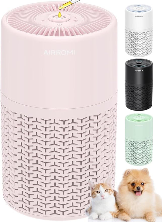 AIRROMI Pets Air Purifier for Home Allergies,Up to 660 ft². HEPA Deodorizing Activated Carbon Filter,With Fragrance Sponge for Better Sleep,Night Light,Pet Dander,Smoke,Odors,Air Cleaner A2002 Pink