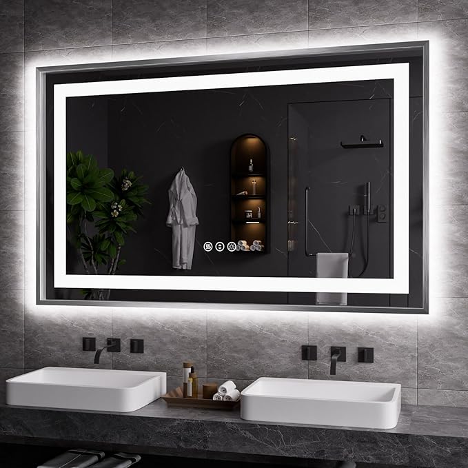 Amorho 48" X30" LED Bathroom Mirror, Brushed Nickel Framed Mirror with Front Light and Backlit, Stepless Dimmable, Anti-Fog, Shatter-Proof, Memory, 3 Colors