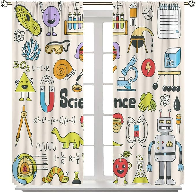 Cartoon Science Bedroom Curtains, Chemistry Science Pharmacy Research Blackout Rod Pocket Window Drapes for Childs Girls Boys Bedroom Living Room Home Set 2 Panels,42x45 Inches