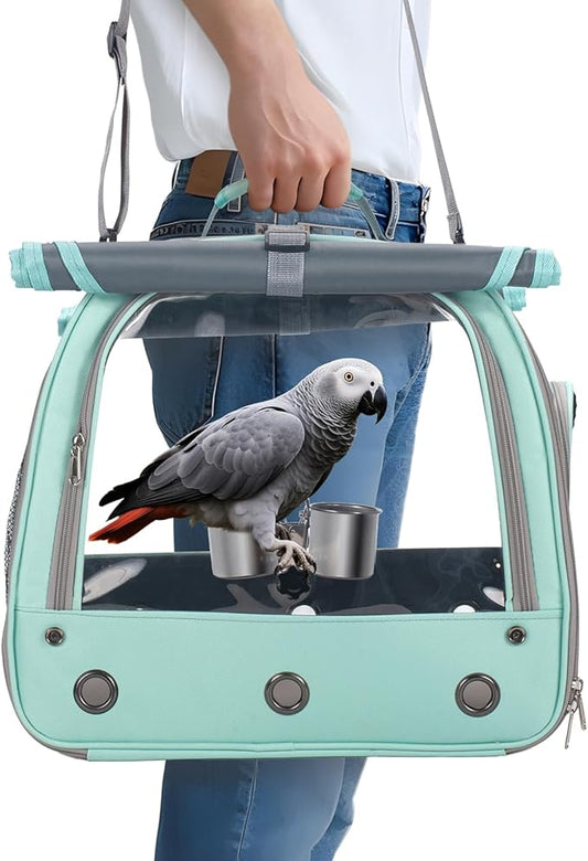 Bird Carrier Parrot Travel Cage with Perch, Food Bowl, Tray and Breathable Clear Window, Bird Travel Bag for African Gray Cockatiel Caique Conure Quaker, for Vetting Camping Hiking (Blue)
