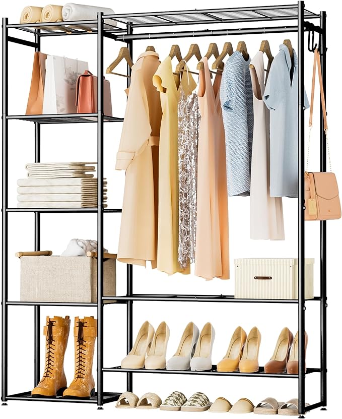 Wardrobe Closet, Portable Clothing Rack for Hanging Clothes, Free Standing Closet Organizers and Storage System with 4 Tiers Shelves for Cloakroom Bedroom, Black