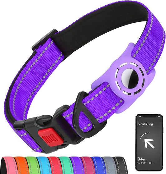 Airtag Dog Collar with AirTag Holder for Small Dogs, Reflective, Soft Padded & Safety Locking Buckle, Nylon Pet Collars Adjustable for All Breeds, Purple,S