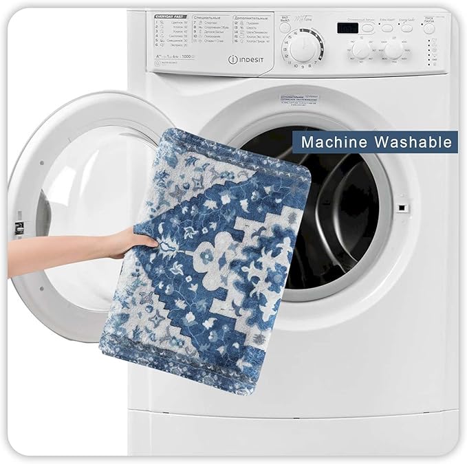 Uphome Vintage Bathroom Rug Blue Boho Non-Slip Bathroom Mat Oriental Soft Machine Washable Bath Rugs Cute Tribal Floral Floor Mats for Sink Tub Door Mat, 18x25 inch