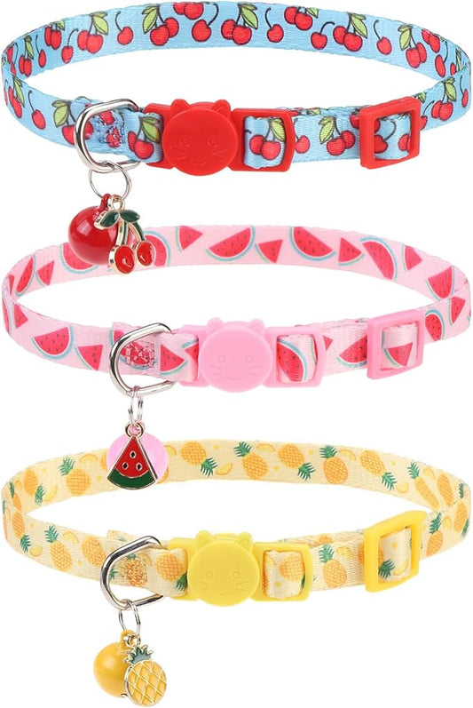 Breakaway Cat Collars with Bell & Cute Pendants, 3 Pack Safety Buckle Kitten Collars, Adjustable Pet Collar Ideal for Girl Boy Cats Puppy (Style A - New Fruit)