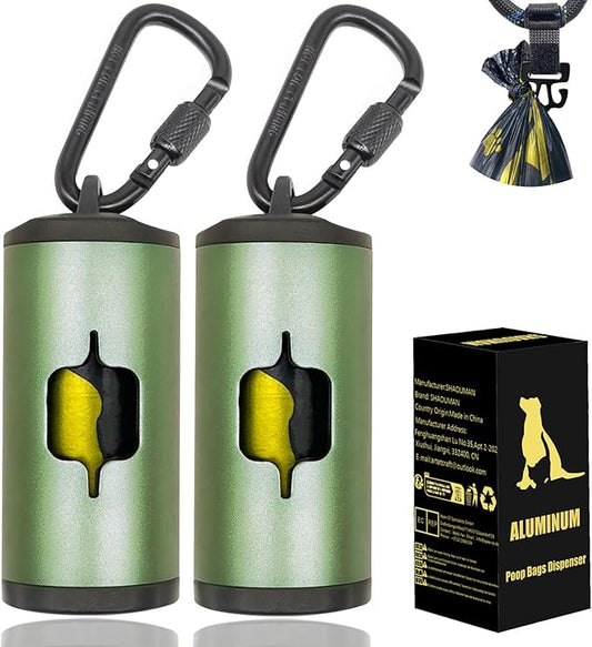 Metal Dog Poop Bag Holder 2-Pack w/Leash Clip|Durable Scratch-Resistant Aluminum|30 Bags+6 Accessories（Dark Green）