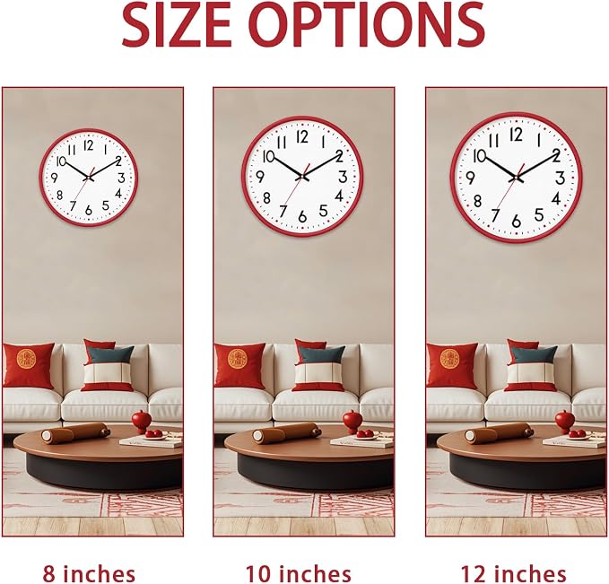 HZDHCLH Wall Clock Red, Silent Wall Clocks Battery Operated 12 Inch Modern Non
