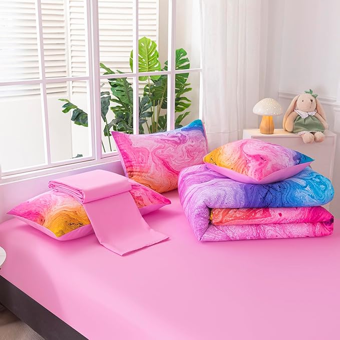 4Pcs Tie Dye Twin Comforter Set for Girls Kids, Watercolor Marble Abstract Art Pink Bedding Sets Twin Bed in A Bag (1 Comforter, 1 Flat Sheet, 2 Pillowcases)