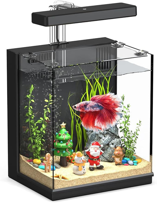 Beta Fish Tank, 2 Gallon Betta Fish Aquariums with Filter & Light, Self Cleaning Fish Tanks for Kids & Starter, Black