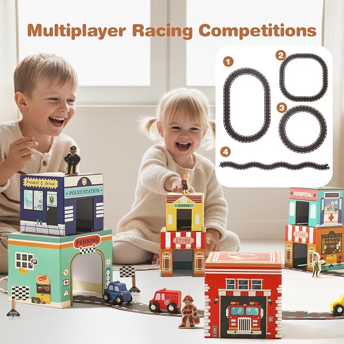Youuys 3-in-1 Sorting and Stacking Toys for Toddlers 1-3 with Building Blocks, Wooden Community Helpers, Montessori Nesting Boxes for Preschool Learning Stocking Stuffers for Boys Girls