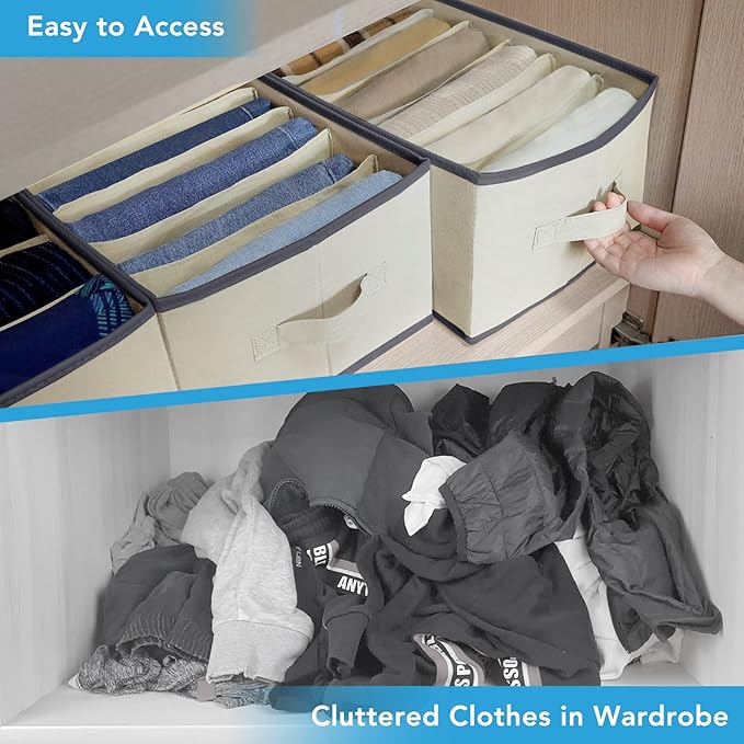 3 Pcs Large Size Wardrobe Clothes Organizers 6 Grids for Pants, Jeans, Sweater, T-shirt, Thin Coat, Dress Stackable Closet Drawer Organizer Storage Bin Container with Sturdy Handles, Beige