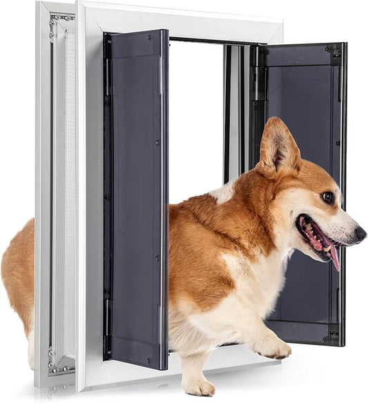 Aluminum Pet Door with Panels,Durable Dog Door with Automatic Closing Magnetic Flaps, Slide-in Panel & 4 Security Locks, Suitable for Interior and Exterior Doors, Screen and Wall, Large, Sliver