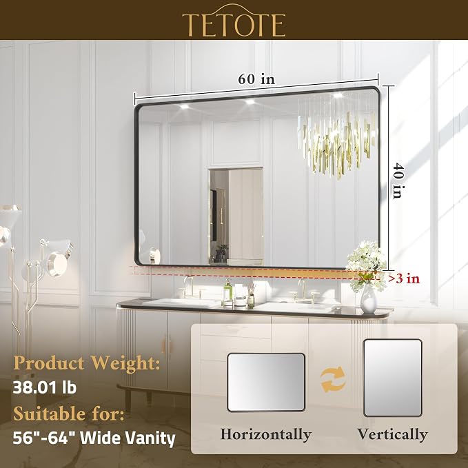 TETOTE 60 x 40 Inch Black Frame Mirror, Bathroom Vanity Mirror