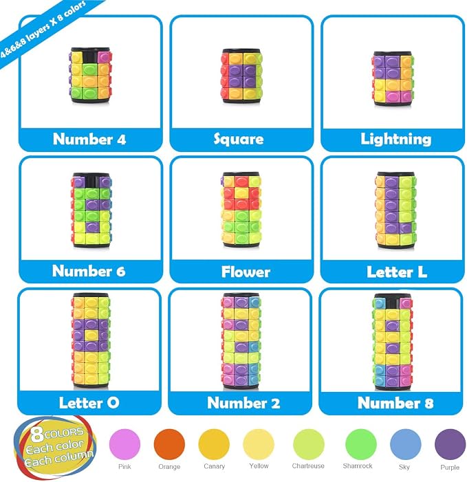 R.Y.TOYS Rotate and Slide Puzzle-Design Patent,Fidget Toys(Restore Order/Create Patterns) 8 Colors,4, 6 and 8 Layers-Detach Piece for Quick Play,Brain Teaser,Sensory Toy Gift,Easter Basket Stuffers