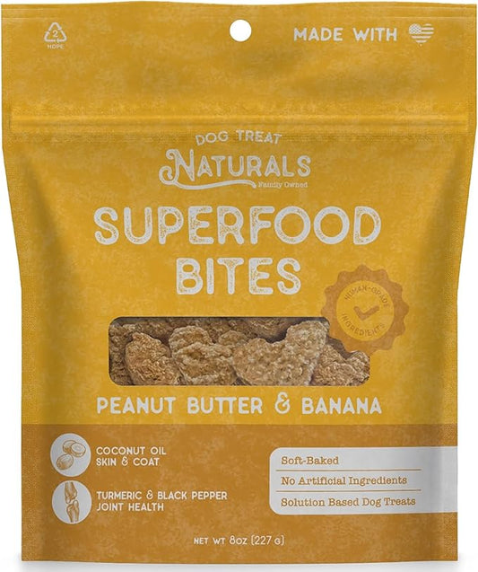 Dog Treat Naturals: Superfood Bites - Peanut Butter & Banana - 8oz Bag, Healthy Snacks, Chewy Reward, Turmeric for Joint Health