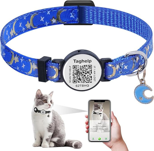 Breakaway Cat Collar with QR Code ID & Modifiable Profile, Upgraded Reflective Safety Collar - Free Lifetime Replacement, Adjustable Nylon, Star Moon Design (Blue)