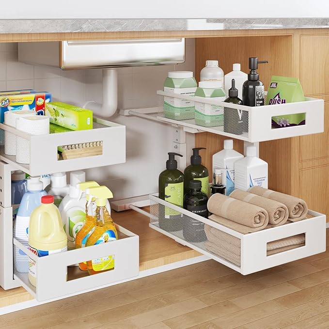 Under Sink Organizer, 2-Tier Dual Pull Out Cabinet Organizer Drawers With Smooth Circular Rail, Large Capacity Metal Mesh Sliding Shelves For Bathroom& Kitchen Storage,Height Adjustable–White,2 Packs