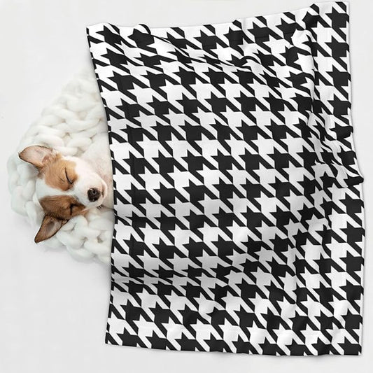 Double Sided Pet Mat for Dog Bed Topper Cat Blanket Furniture Protector, Black and White Houndstooth, Reversible Plush with Tactile Dot Pattern for Style Change