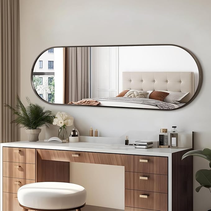 Oval Bathroom Full Length Mirror, Large 48x16'' Pill Shaped Oblong Vanity Wall