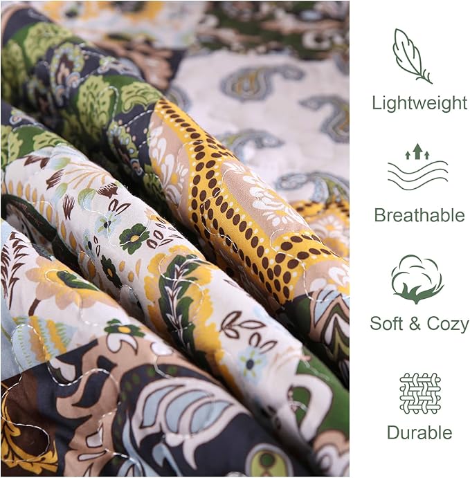 WONGS BEDDING Boho Quilt Set Queen Size, Plaid Patchwork Bedspread Bedding Set Soft Microfiber Quilt for Queen Bed Reversible 3 Pieces Coverlet Set for All Season (Brown Olive 96"x90")
