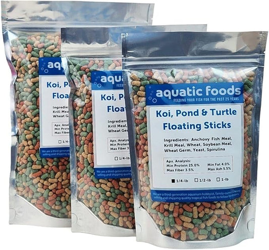 Aquatic Foods Inc. Koi, Pond & Turtle 7/16" x 5/32" 25% Protein Floating Sticks. Spirulina, Color Enhancing & Wheat Germ Sticks for Koi, All Pond Fish, Aquatic Turtles...WL…1/4-lb Foil Pouch Bag