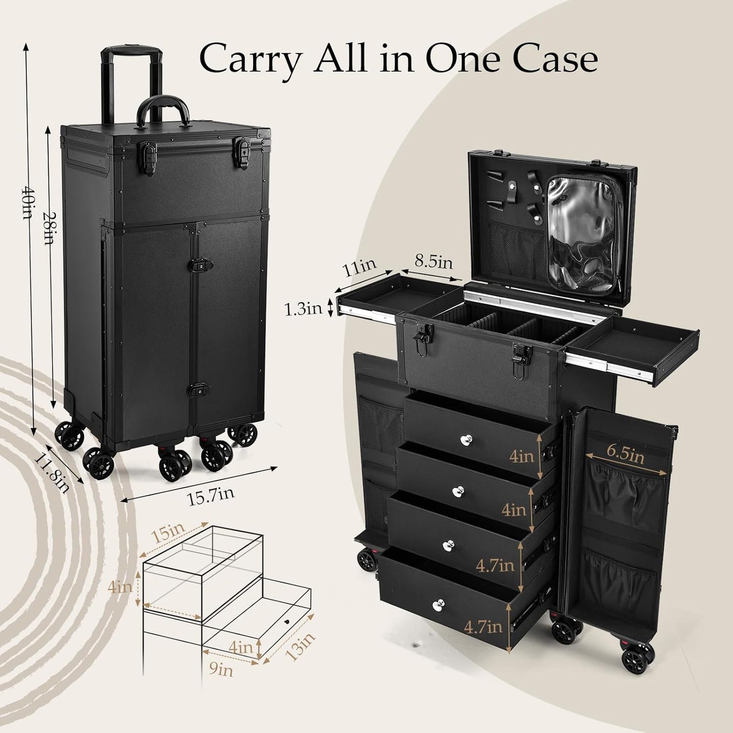 Joligrace Professional Rolling Makeup Case 4 Drawers Pro Makeup Artist Cosmetic Train Case Hairstylist Travel Case Portable Make Up Station with Multiple Compartments Extra Large - Black