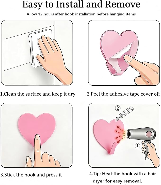 Heart Wall Hooks, 8 Pack, Small Pink Decorative Accessories, Purse Hanger