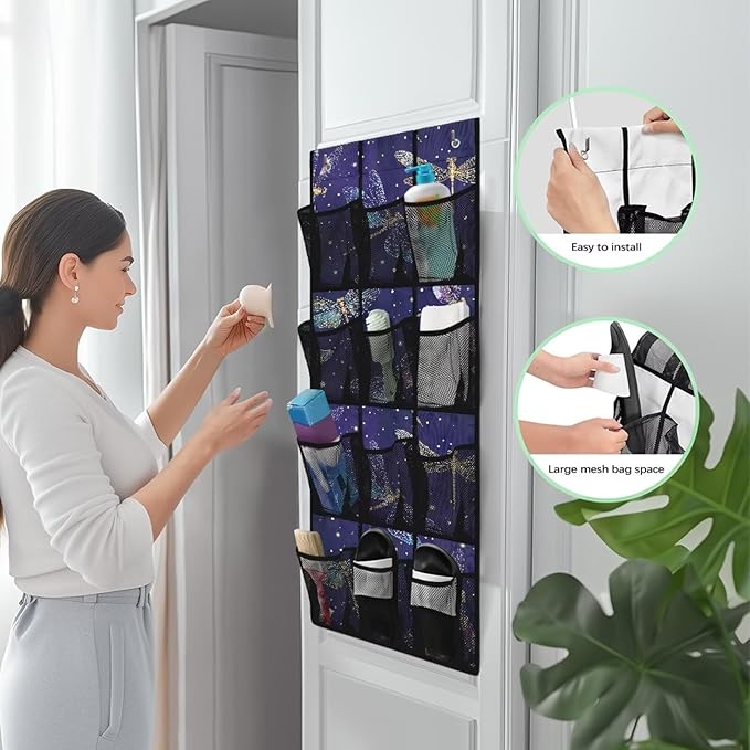 Glowing Dragonfly Over Door Hanging Organizer, 12 Glow-in-the-Dark Mesh Pockets for Night Visibility, Perfect for Dorm Room & Apartment Bathroom Storage
