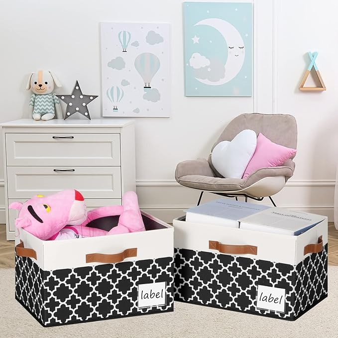 Large Storage Bins with Lids, Foldable Fabric Storage Baskets with Lids, Sturdy Storage Boxes with Labels and 3 PU Handles for Closet Home Bedroom Office (26L, 3 Packs, Black Plaid&White)