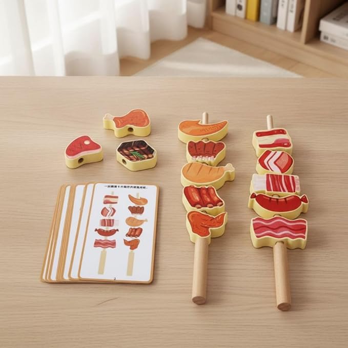 Menolana Children Cognitive Game Fruit Threading Toy Set with Wooden Lacing Beads Pattern Cards Stacking Creative Role Play Props Suitable for Preschool Activities Group, Vegetable Skewers