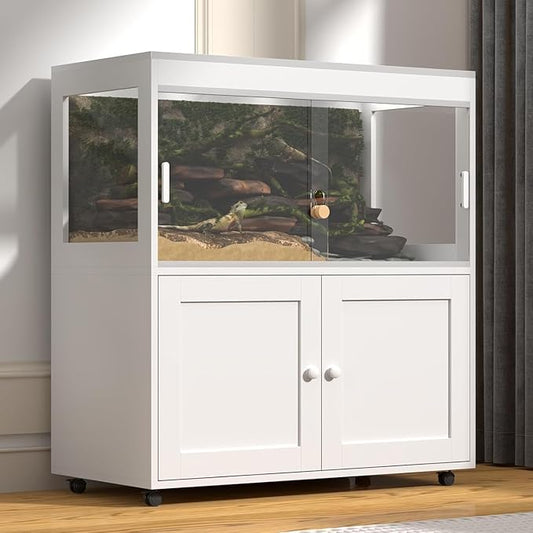 60 Gallon Reptile Terrarium with Storage – Mobile Reptile Tank with Wheels, Sliding Door & Mesh Roof – Ideal Enclosure for Geckos, Snakes & Lizards