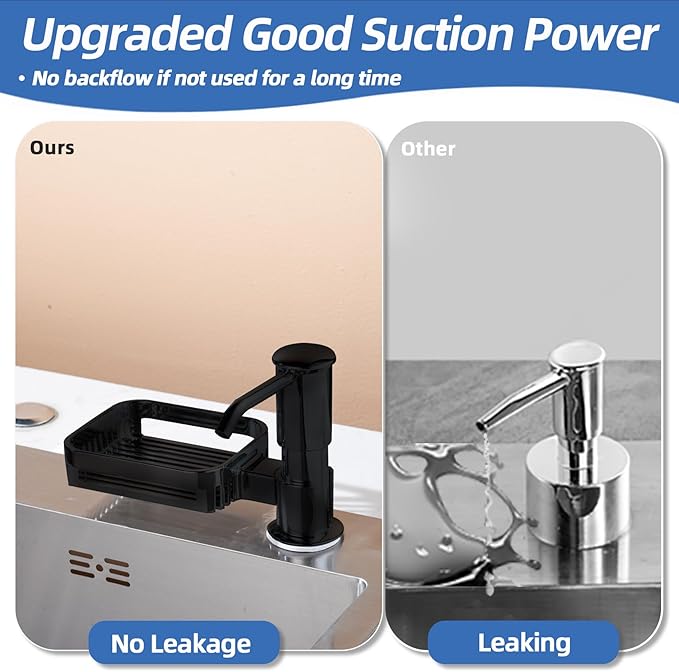 Soap Dispenser for Kitchen Sink, Built in Soap Dispenser Pump with Sponge Holder, Under Counter Black ABS Pump Head with 38" Extension Tube Kit, Good Suction Power (Black)