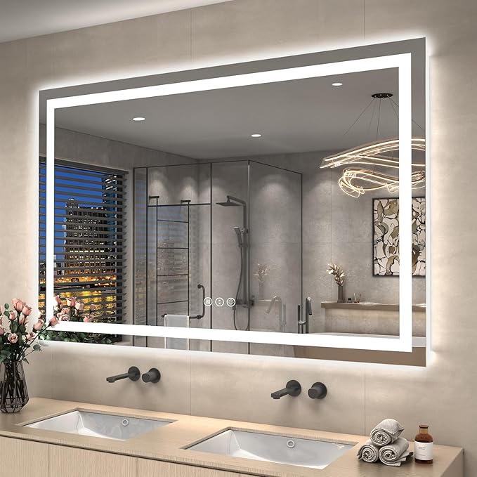 55x36 Large LED Mirror for Bathroom, Lighted Vanity Mirror for Wall, Dimmable, Anti-Fog, Shatter-Proof, ETL Listed (Front Lights + Backlit)