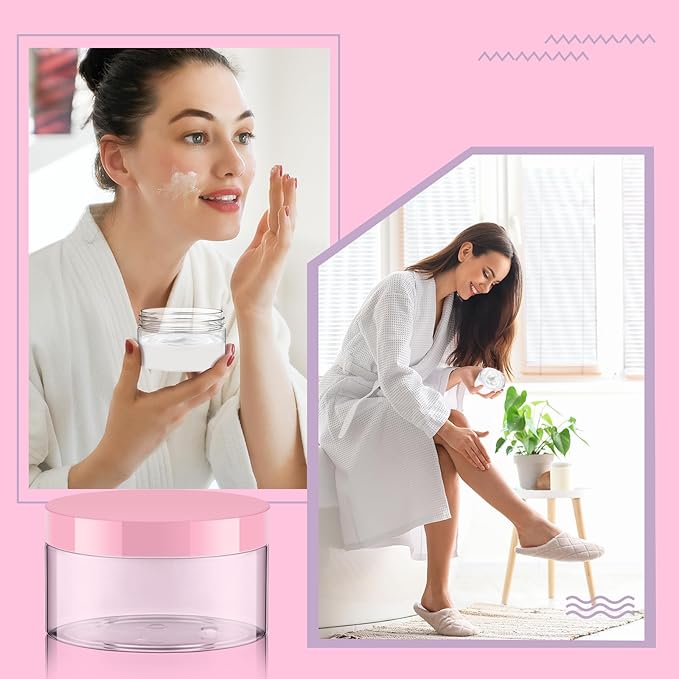 Dandat 24 Pcs 8 oz Plastic Jar Container with Lid and Label Refillable Empty Round Clear with Pink Pet Cosmetic Sample Slime Containers for Lotion, Cream, Ointments, Body Butter, Makeup Travel Storage