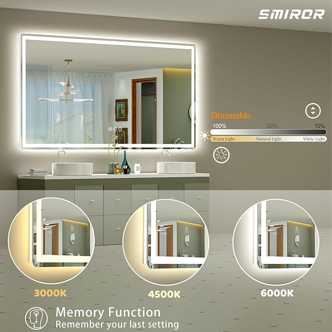 SMIROR LED Bathroom Mirror with Lights 72"x 40", Rounded Rectangle Lighted Vanity Mirror for Wall, Front Lit and Backlit, 3 Colors, Dimmable, Anti-Fog, Tempered Glass (Horizontally/Vertically)