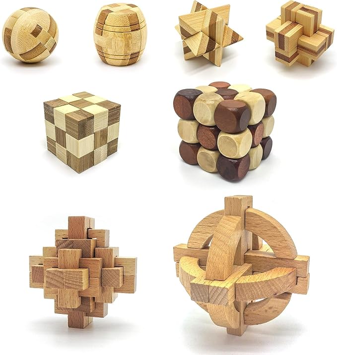 PicassoTiles 8 Styles Interlocking Sensory Toys Wooden Burr Cube, Ball and Barrels Logic Skill Genius Puzzle Brain Teaser Games & Intellectual 3D Assembling Educational Toy Set for Kids & Adults PTP08