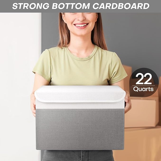 Large 22 Quart Linen Fabric Foldable Storage Bin Cube Organizer Basket with Flip-Top Lid & Handles, Clothes Blanket Box for Home, Office, Closet, Gray & White, 4 Pack 14.6 x 9.5 x 9.5”