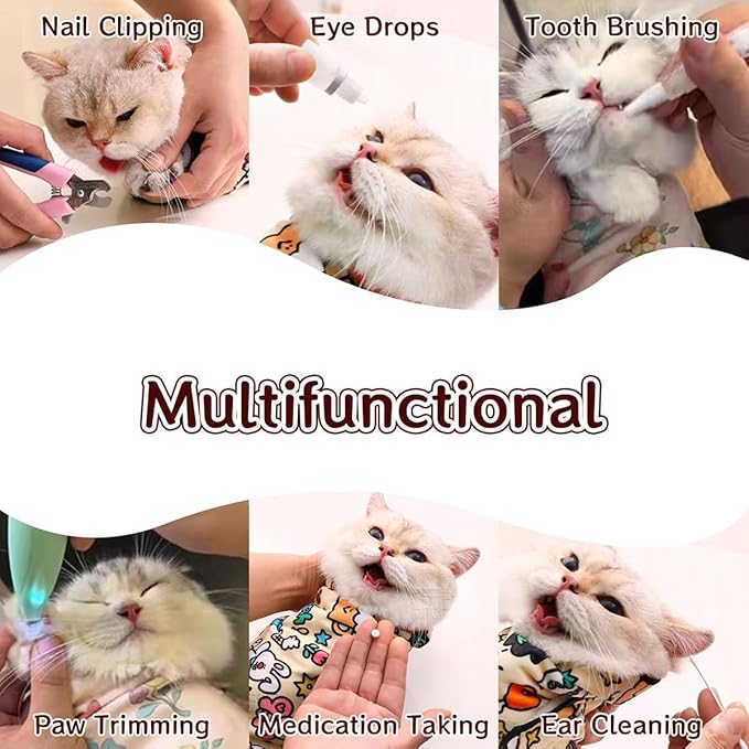 MANON ROSA Cat Grooming Wrap – Self-Adherent Anti-Scratch Swaddle Restraint Bag for Nail Cutting, Medication, Multifunctional Care - Calm Cozy Burrito Papoose Pet Magic Blanket (S Within 3.3lbs)