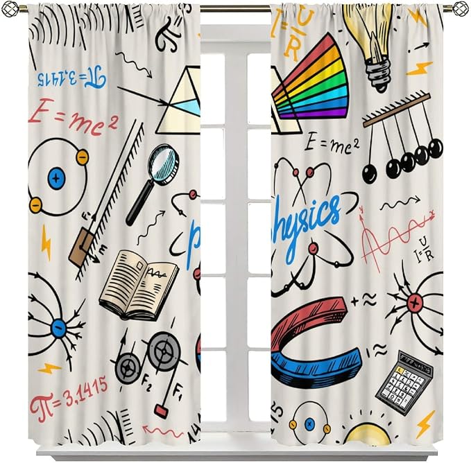 Science Physics Window Curtains, Abstract Math Chemistry Curtain Scientist Graffiti Print Window Treatments for Kids Teens Bedroom Living Room Set 2 Panels,42x63 Inches