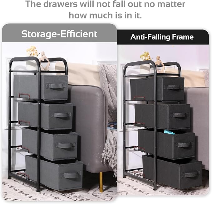 MAX Houser 4 Drawer Narrow Dresser Fabric Storage Tower Vertical Slim Storage Chest Organizer Nightstand Side/End Table Small Standing Organizer Removable Drawers Wood Top for Bedroom, Bathroom（Black)