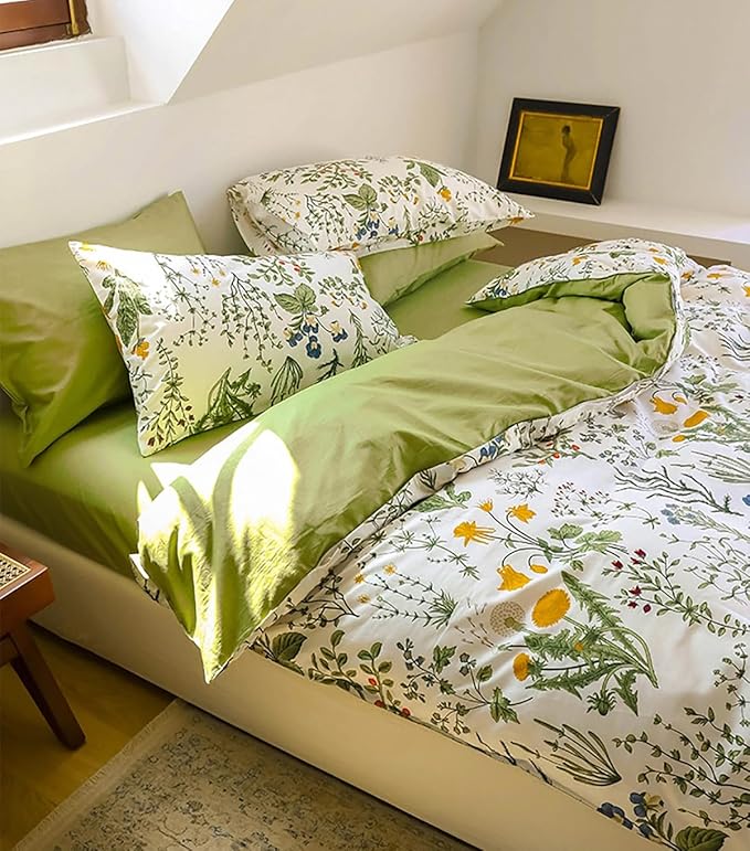 KAREVER Botanical Comforter Set Full White and Sage Green Floral Plant Bedding Set Garden Pattern Printed on White Reversible Blanket 3 PCs 1 White Comforter 80"x90" and 2 Pillowcases