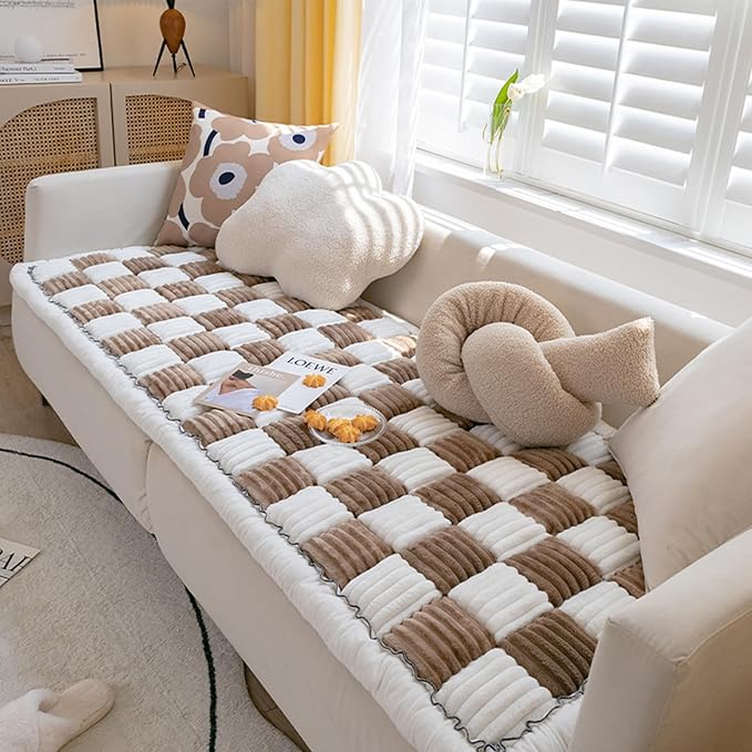 FunnyFuzzy Cream-Coloured Plaid Square Pet Mat Bed Couch Cover, Winter Thickened Dog Bed Cover Pet Blanket Sofa Couch Furniture Protector For Kids Dog Cat(Size:27.6*82.7 in,Color:Dark Brown)