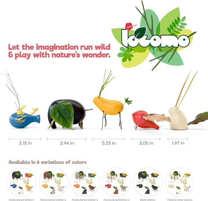 Nature Wooden Toys Locomo Family II Animal Figures Waldorf Open-Ended Educational Outdoor Play for Childs Learning & Creativity, Sensory for Kids 3 4 5 6 7+ Year Old, Montessori Toy Gifts (Set of 5)