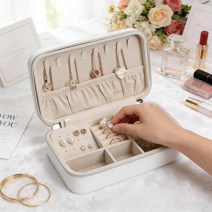 Elegant Travel Jewelry Case for Women - Multi-Function Jewelry Organizer with Necklace Hooks, Ring Slot, and Velvet Lining, Perfect for Trips White