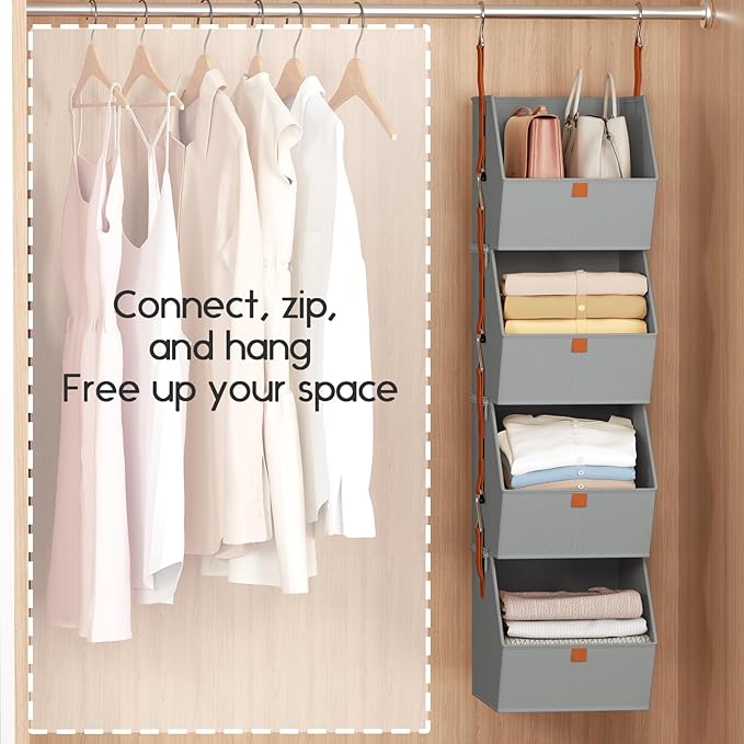 Hanging Closet Organizer 4 Tier - Clothes Hanging Shelves, Space-Saving Closet System, Fabric Storage Bins Bedroom Organization, Collapsible Baskets for Home, Dorm, Rv, Grey
