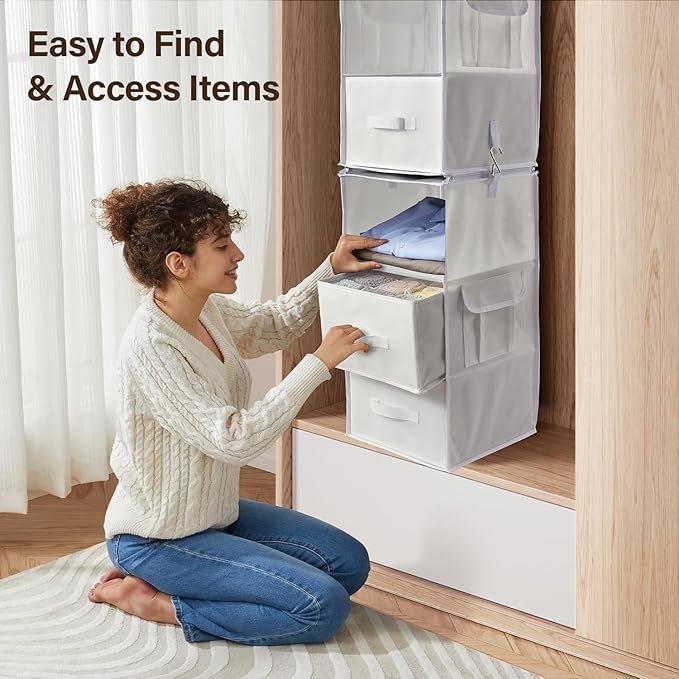 Pipishell 6-Shelf Hanging Closet Organizer with 2 Separable 3-Tier Shelves, 3 Drawers & Side Pockets Closet Organizers and Storage for Wardrobe Organization and Nursery Clothes Organizer, White