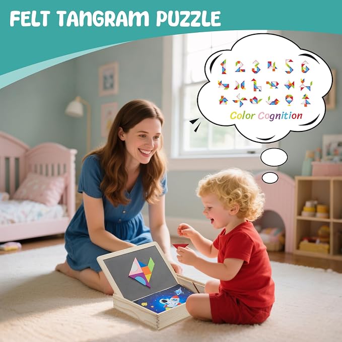 Sensory Board for Toddlers & Kids – Wooden Sensory Sequin Box with Flip Mats, Space Felt Puzzle & Tangram | Montessori Sensory Toy for Calm Down Corner, Autism, Classroom & Daycare