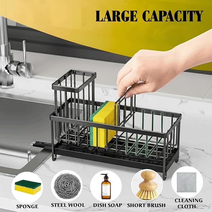 Sponge Holder for Kitchen Sink,5 in 1 Rustproof Stainless Steel Sink Caddy with Washing Cloth & Adhesive Hooks, Kitchen Sink Organizer with High Brush Holder and Soap Holder for Kitchen Sink