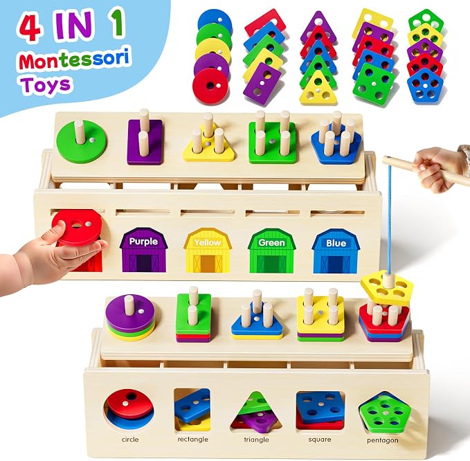 Montessori 4 in 1 Wooden Sorting Shape Sorter and Stacking Toy Box Color Matching Counting Fishing Game Preschool Educational Toys for 3 Years Boys and Girls Gifts